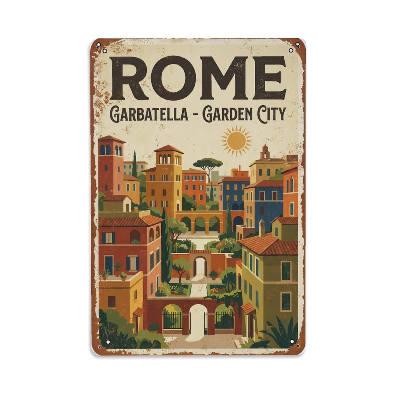 Vintage Travel Rome Garbatella Garden City District Architecture Rusted Italy Metal Tin Sign Plaque Wall Decor for Cafe, Club Bar, Office, Home Garden Metal Poster 8x12Inch