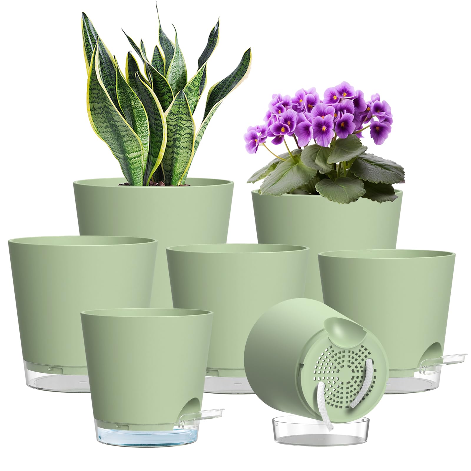 WSMKSZ 7 Pack Self Watering Plant Pots Indoor, Plastic Flower Pots with Clear Reservoir, Visible Water Level & Drainage Holes, 20/17.6/16.3/15/13.8/12.7/10.2 cm Planter Pots with Cotton Wick, Green