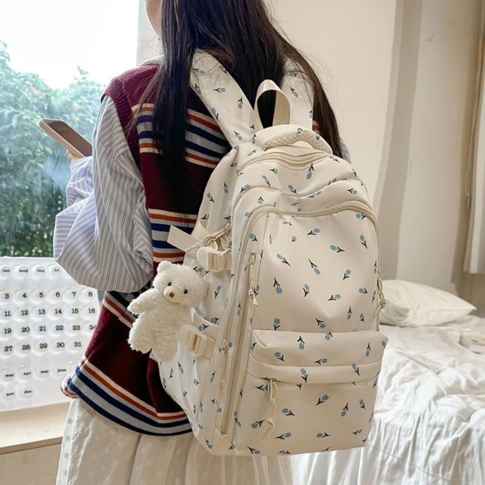 Mochila escolar Zaino per Studenti in Nylon A Stampa di Ciliegia, da Giorno Preppy Grande capacità con Pendente Viaggi Scolastici