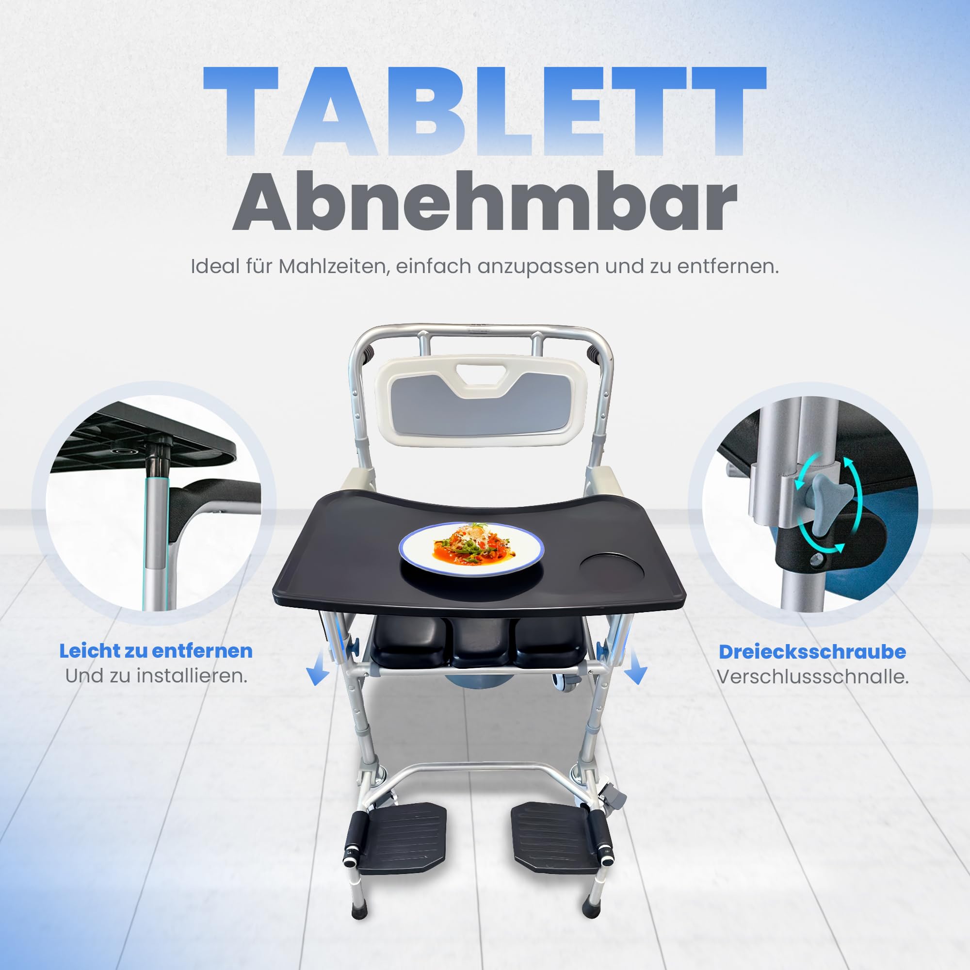 Toilettenstuhl Für Senioren 3-1 Tablett & Toilettenhocker – Duschstuhl Mit Rollen Erwachsene, Komfortabler Toilettenstühle – Toilettenstuhl Fahrbar Alltag, Pflege, Bad Duschrollstuhl Nachtstuhl