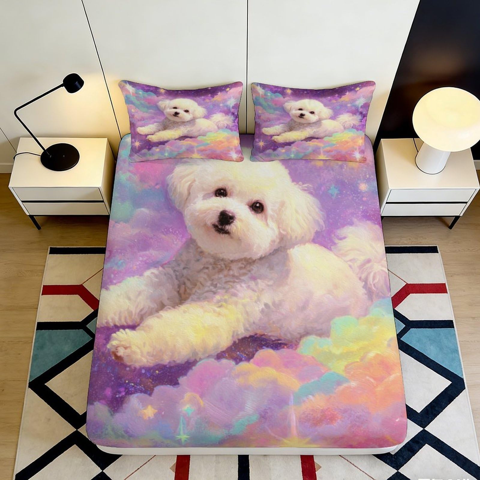 3D Printed Fluffy Dog Cloud Fitted Sheet Microfiber Soft Breathable Pastel Sky Mattress Cover for Bedroom Decor 90x200x25cm
