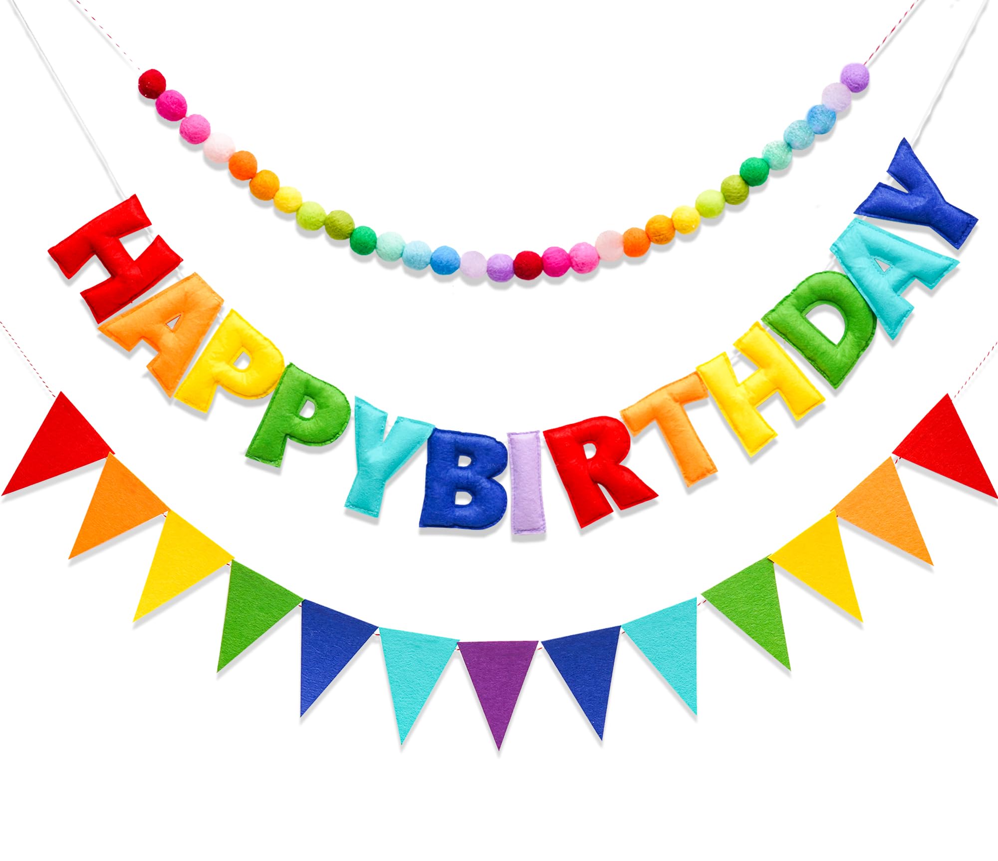 3 Pcs Pre-Strung Happy Birthday Banner, Felt Ball Garland, Pennant Triangle Flags, Rainbow Party Decorations, HAPPY BIRTHDAY Garland, Personalized Holiday Sign for Birthday Decor, Party Supplies