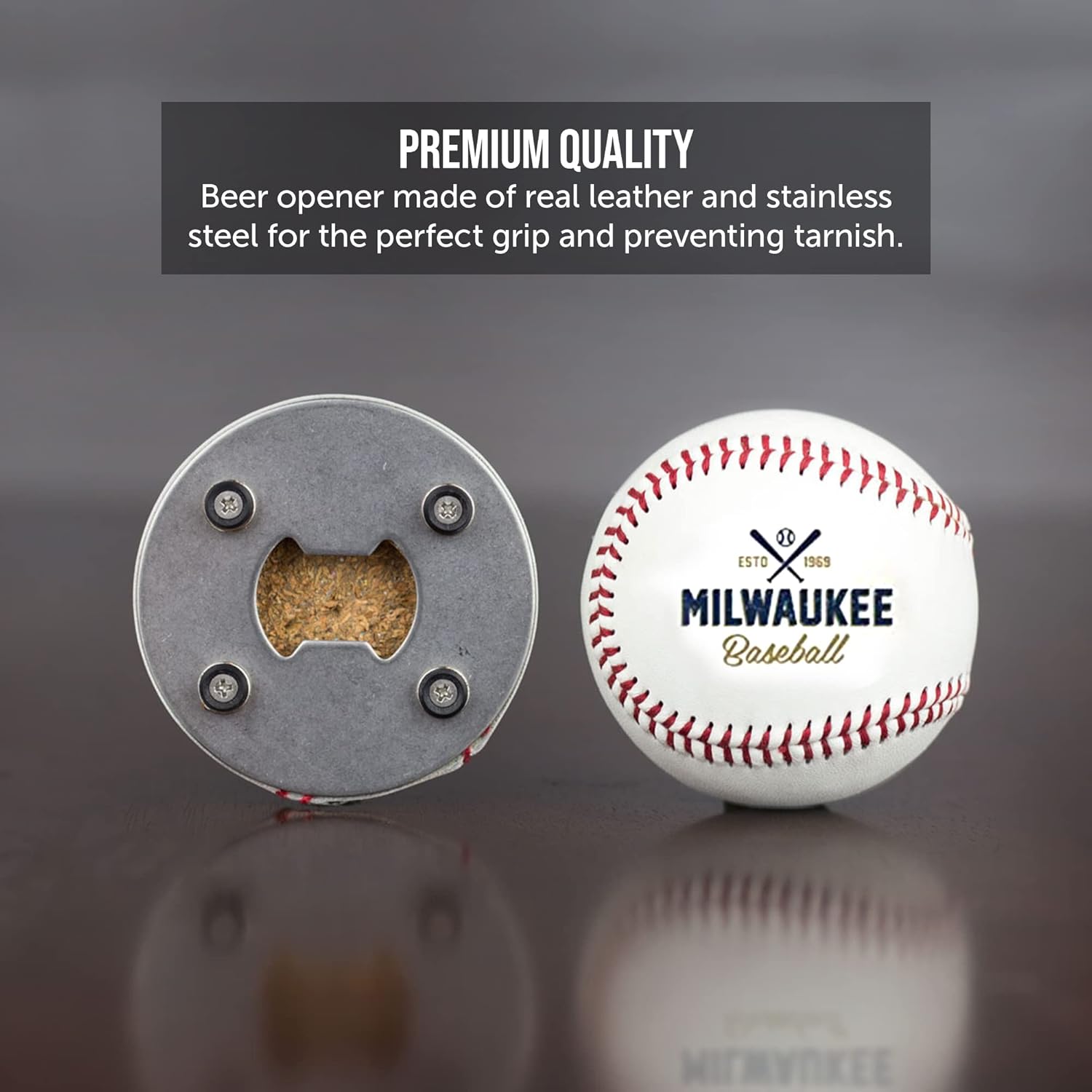 Milwaukee Beer Bottle Opener - Real Baseball Leather, Magnetic & Cap Catcher - Cool Gadget Gift for Men
