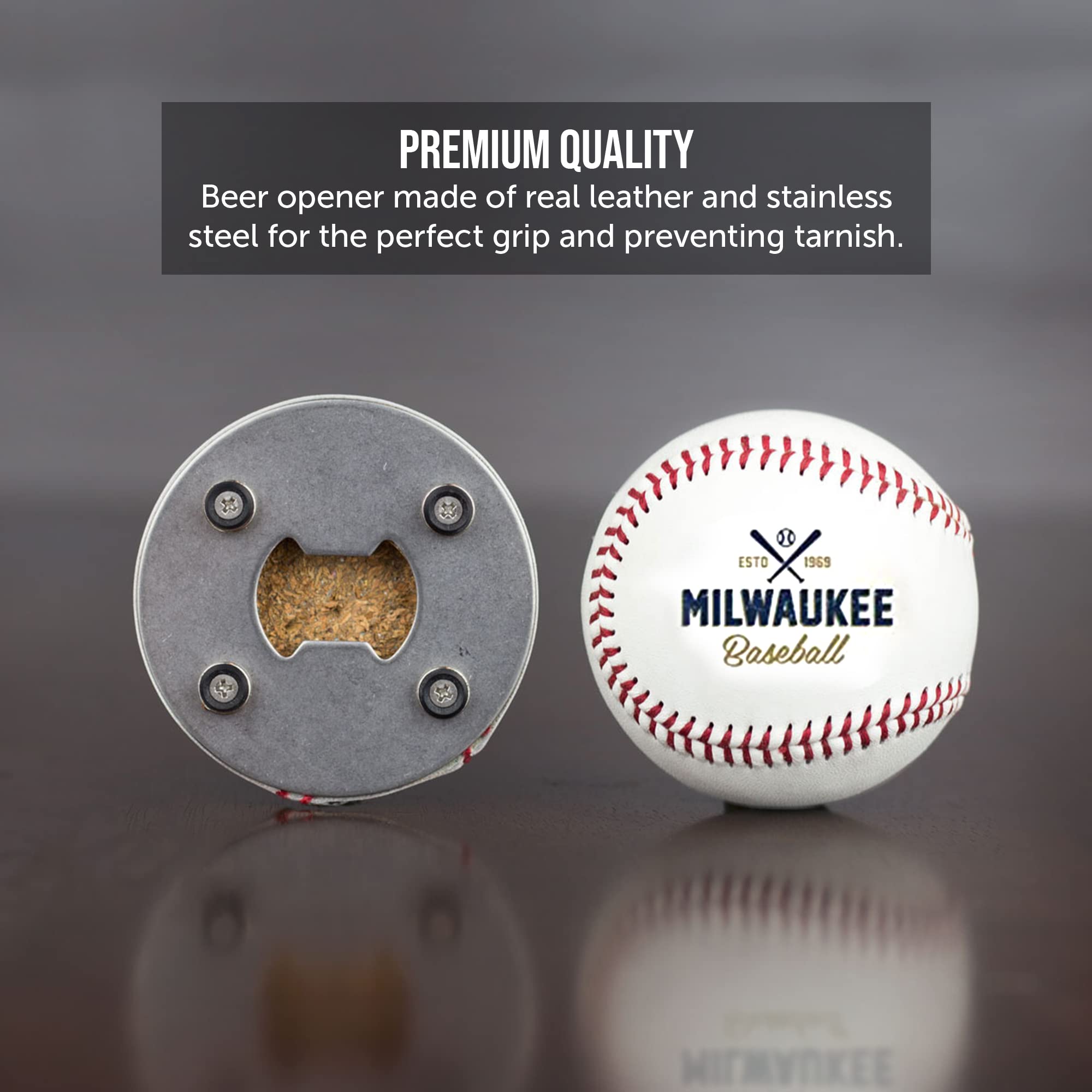 Milwaukee Beer Bottle Opener - Real Baseball Leather, Magnetic & Cap Catcher - Cool Gadget Gift for Men