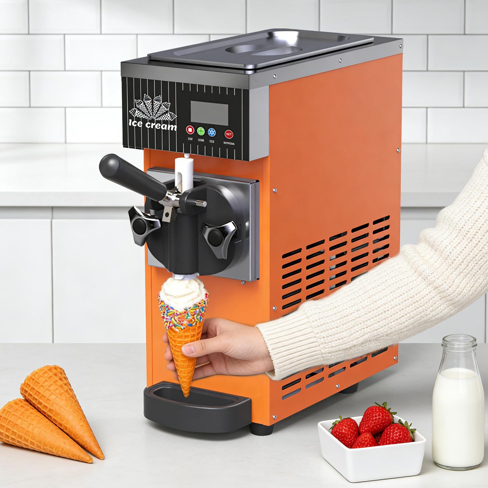 XUXIAO Soft Serve Ice Cream Machine Home, Countertop Soft Serve Ice Cream Maker, 4-5kg/H, LCD Touch Panel, Auto Clean, for Restaurants and Shops​ Orange