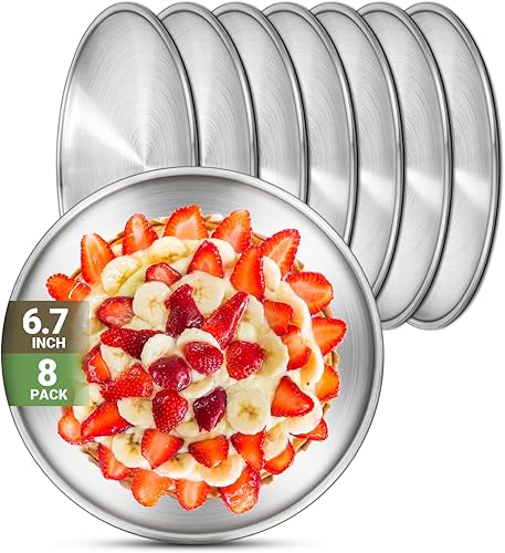 Miniatura 21 de Platos de metal para campamento, paquete de 4 platos de acero inoxidable 304 (18/8) de 9.1 pulgadas, platos reutilizables para pizza, aperitivos