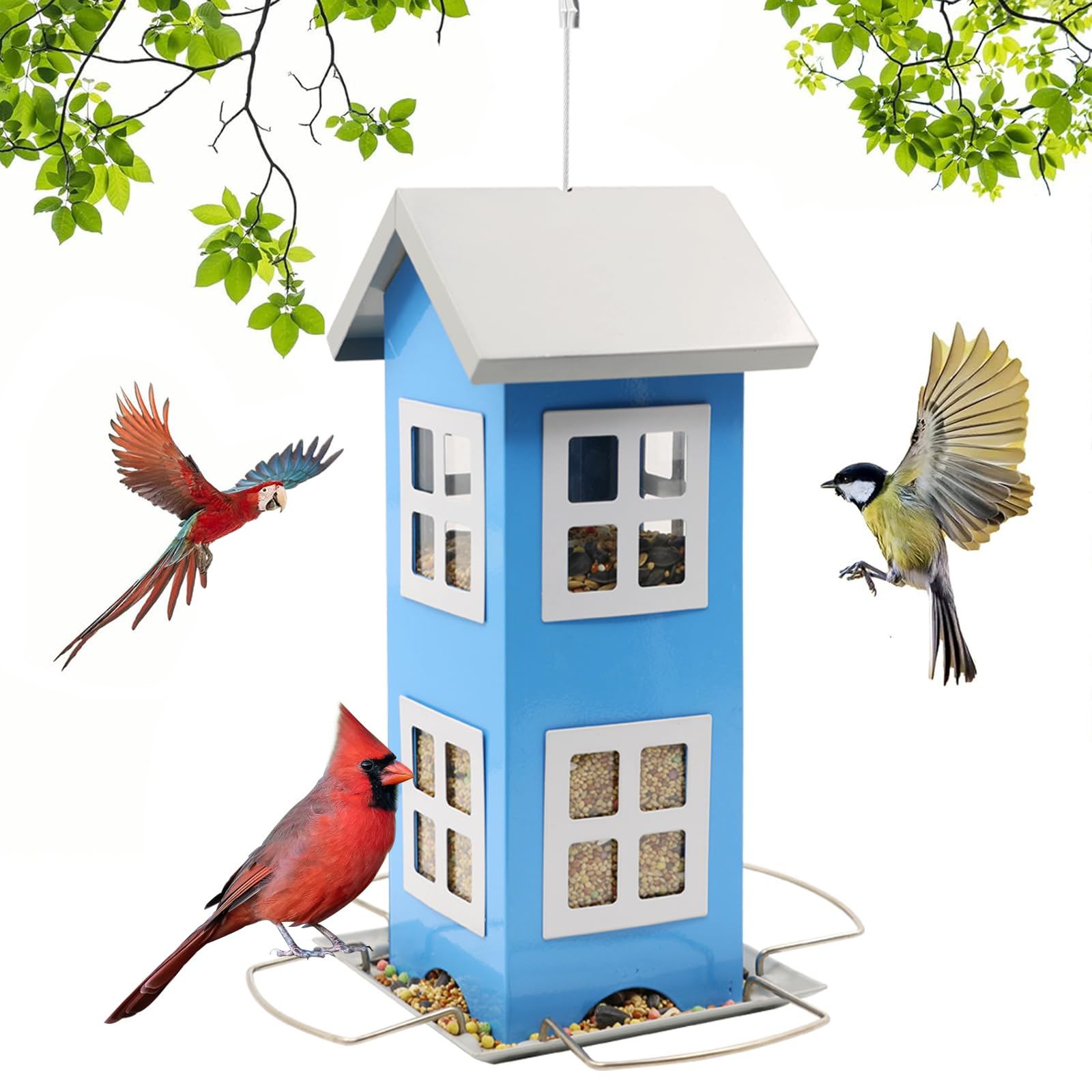 Tiejiajiang Metal Bird Feeder Blue for Outdoors Hanging - Weatherproof Country House Design with 4 Ports - Outdoor Garden ...