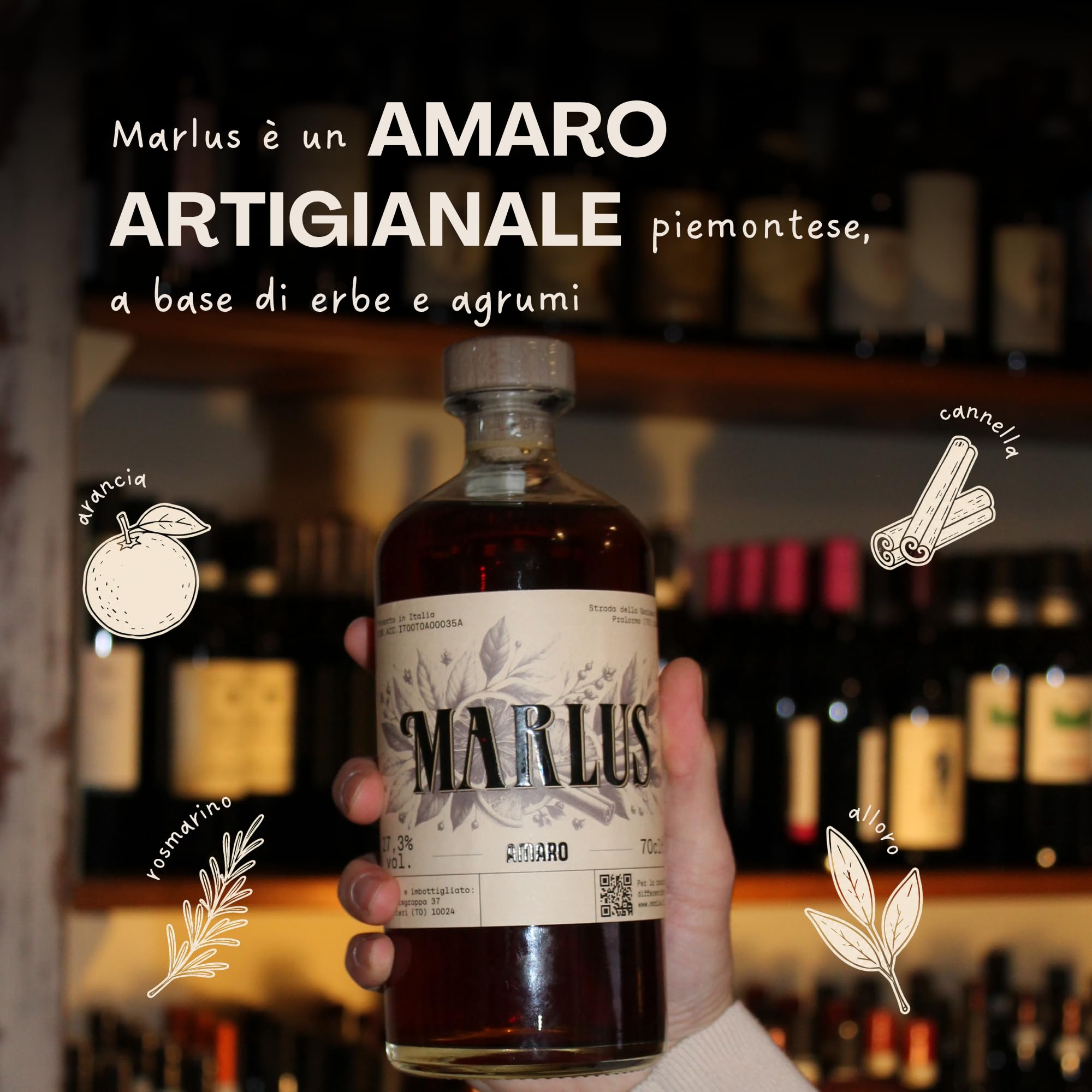 Marlus Amaro Artigianale Piemontese 70cl - Liquore Digestivo Naturale con Alloro, Arancia Dolce, Cannella e Rosmarino - Bitter Erbe e Agrumi per Cocktail, Aperitivo e Dopo Pasto - 100% Naturale