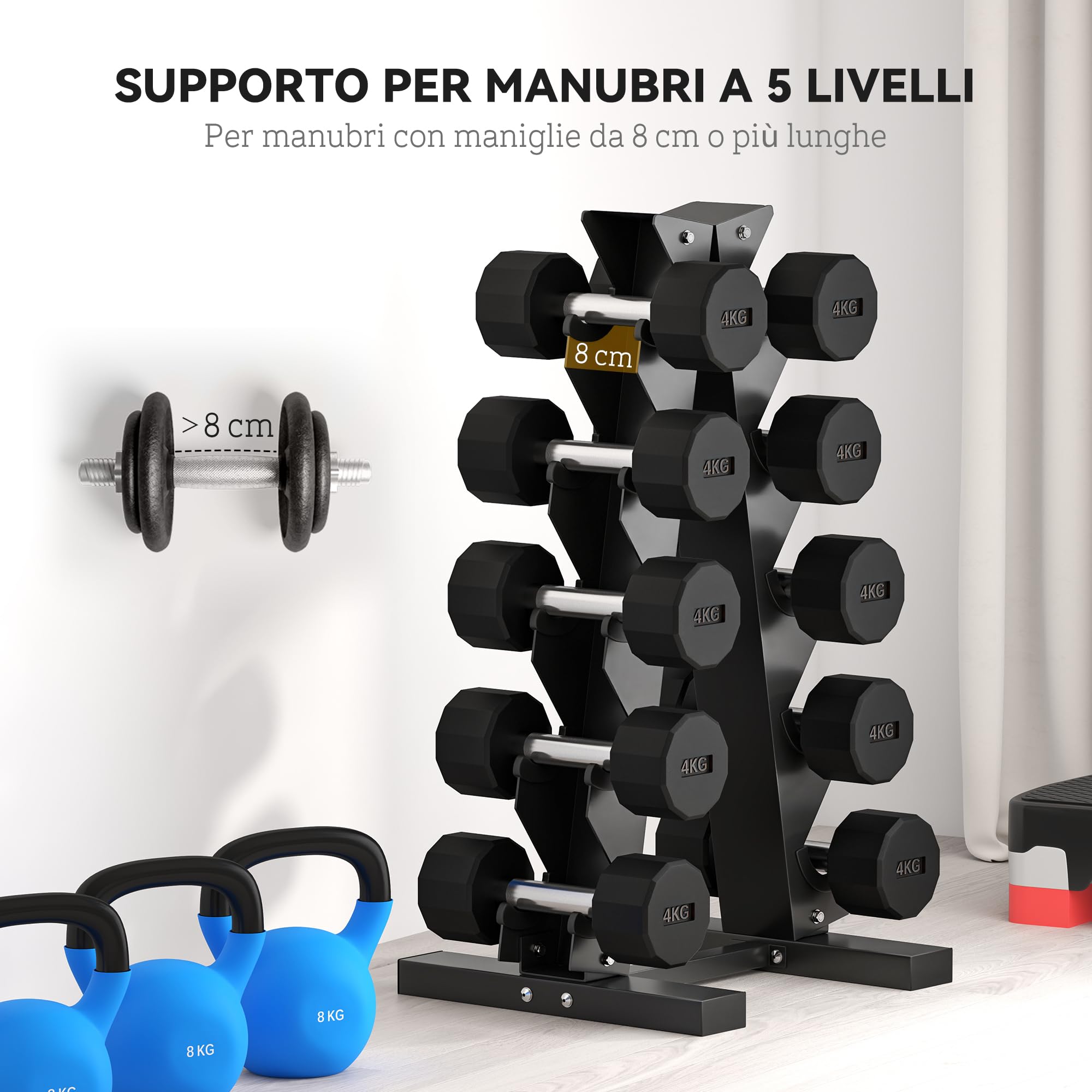 SPORTNOW Rastrelliera per Manubri in Acciaio a 5 Livelli, Rastrelliera da Casa con Inserti in Plastica, 35x33x66 cm, Nera
