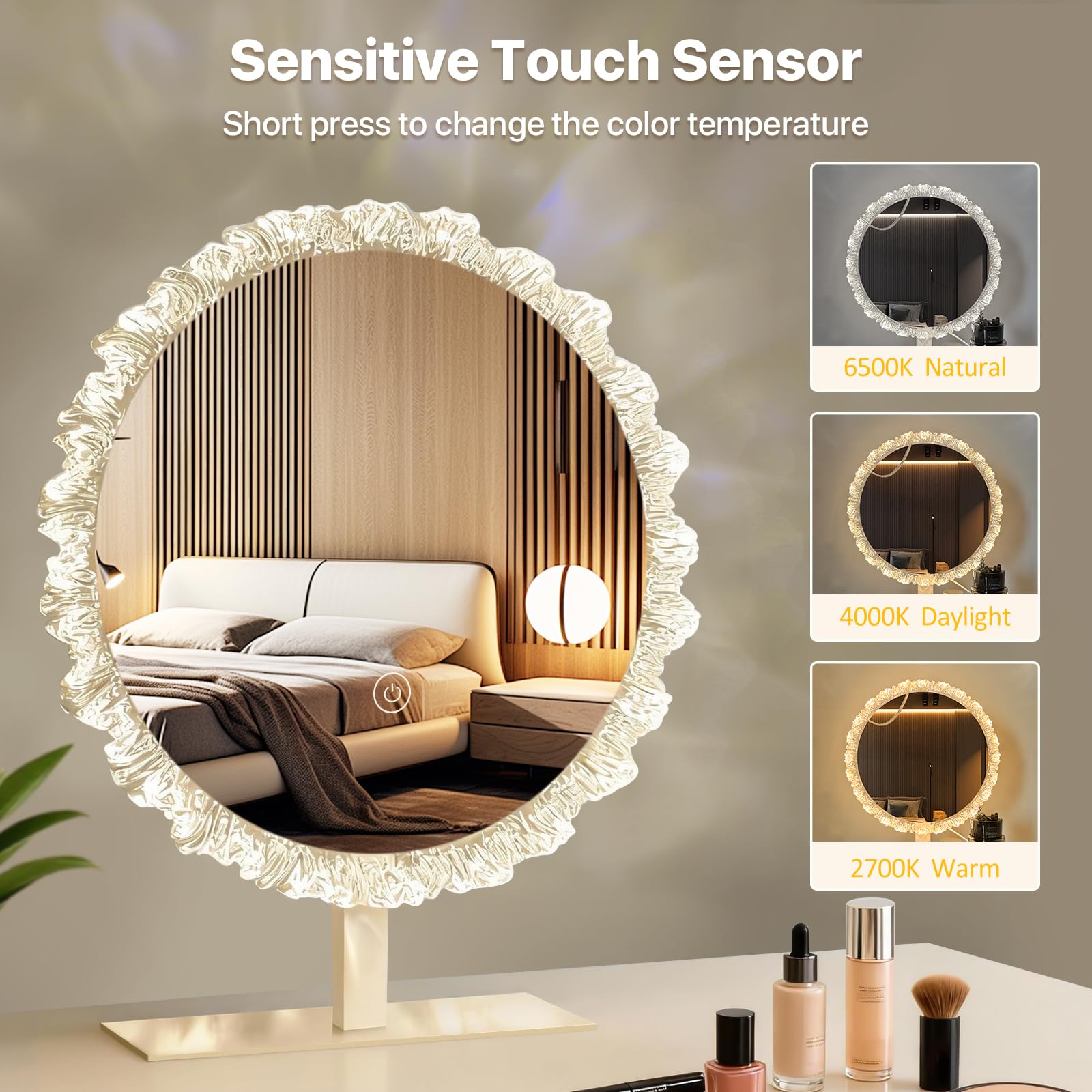 Specchio per il trucco a LED con luce, 30,5 cm, in cristallo, per camera da letto, spogliatoio, 3 colori, regolazione della temperatura, angolo regolabile, regalo di bellezza per fidanzate e