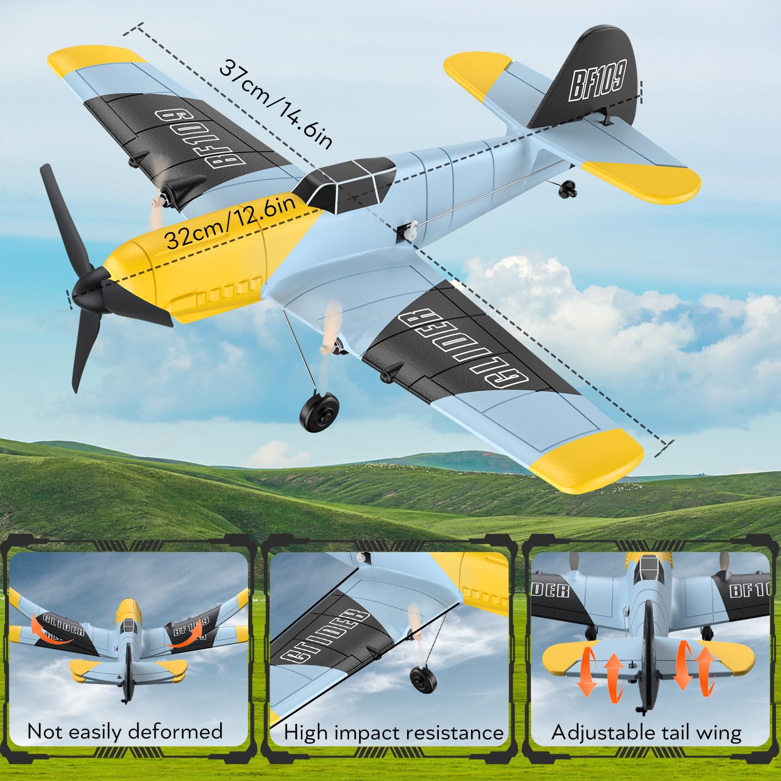 Avion Teledirigido BF-109 de 3 Canales, Aviones de Juguete Control Remoto 2.4 GHz, Maqueta Avion RC con Giroscopio de 6 Ejes para Principiantes y Niños