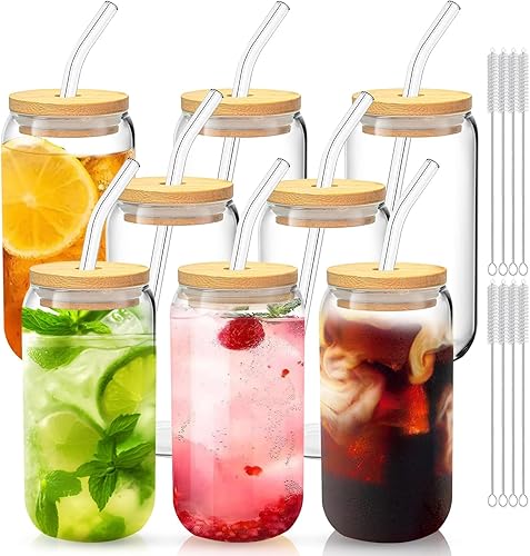 Vista 68 de Vasos de vidrio con tapas y pajitas, 1 paquete, tazas de café de vidrio, taza de vidrio con tapa para café helado, batido, cóctel, cerveza, whisky