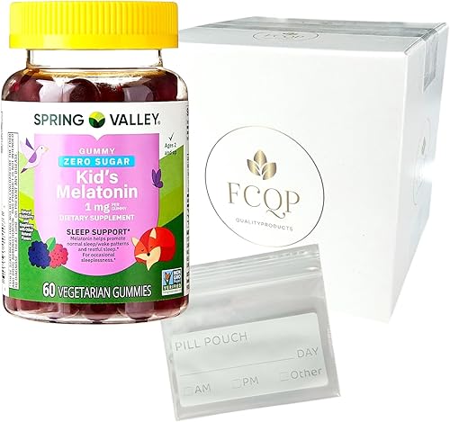 Spring Valley Kids - Gomitas de melatonina, cero azúcar, mora y frambuesa, 1 mg, 60 unidades incluidas es una bolsa de pastillas y una pegatina