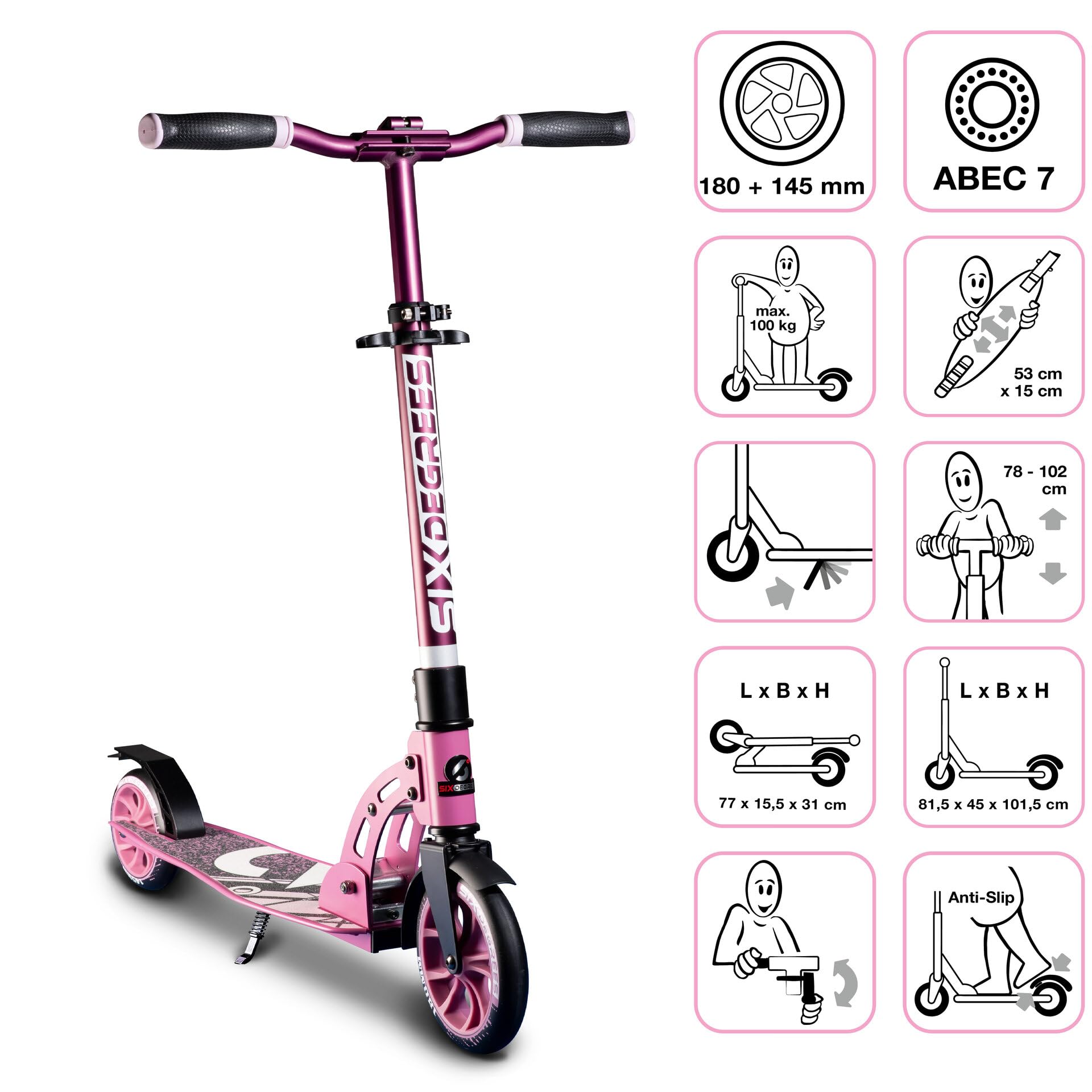 SIX DEGREES Aluminium Scooter Junior mit Klappmechanismus u. Ständer, 180/145 mm, höhenverstellbar, GS-geprüft