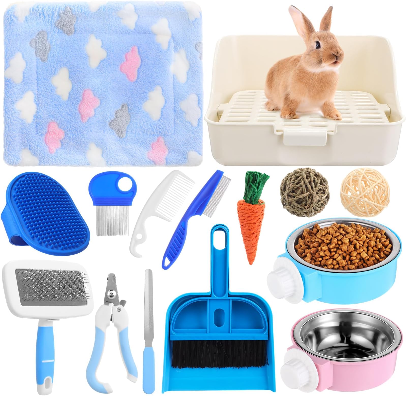 15 Pcs Rabbit Starter Kit Small Rabbit Litter Box Girls Gift Animal Grooming Kit Bunny Toys Bowl Blankets with Cleaning Set for Guinea Pig Accessories(Multicolor)