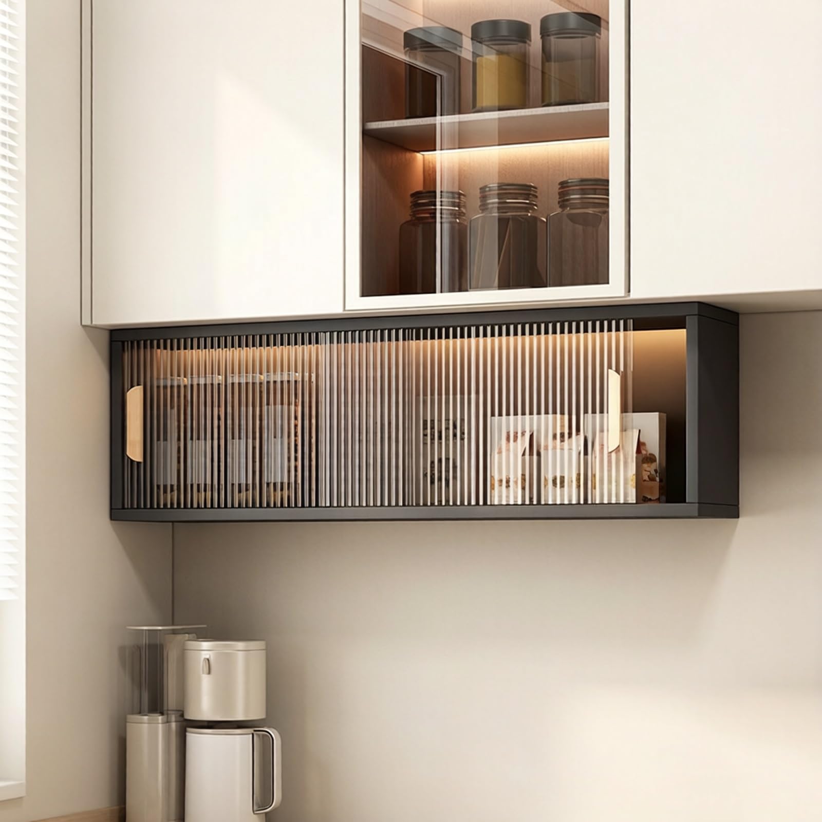 Wall Mounted Bathroom Cabinet With Textured Acrylic Doors Honeycomb Aluminum Sto For Kitchen Pantry & Laundry Room,Black-100*22*30Cm/39.4*8.7*11.8In,Black-100*22*30CM/39.4*8.7*11.8IN