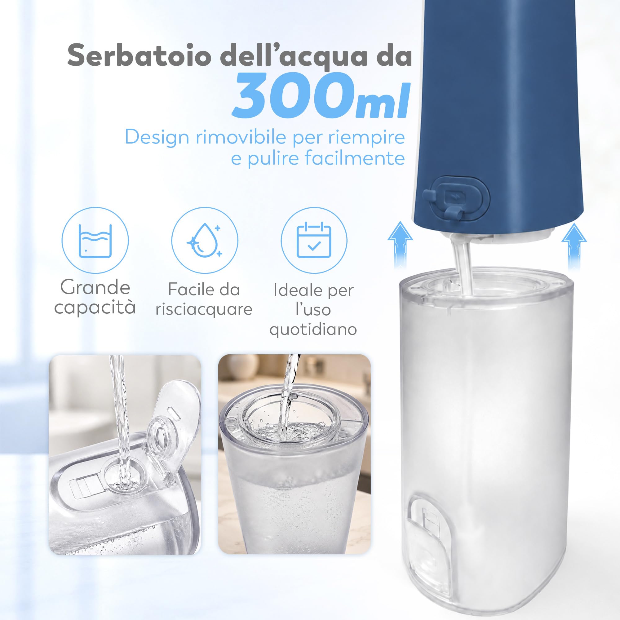 Aquapik® UltraCare Plus Idropulsore Dentale/Irrigatore Orale senza fili e ricaricabile IPX8 impermeabile per casa e viaggio, rimuove la placca e protegge gengive, 5 modalità, 8 beccucci, 300 ml (Blu)
