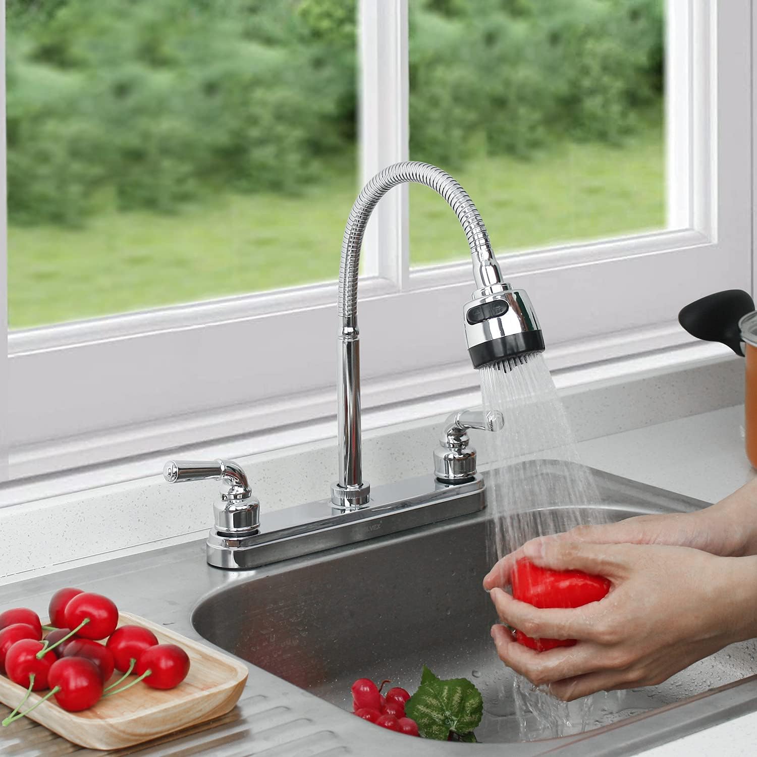 SOLVEX 2 Handle Kitchen Sink Faucet, High Arc 360 Swivel Stainless Steel Pipe 3 Hole Kitchen Faucet, Commercial Modern Chrome Kitchen Sink Faucet with Flexible Spout, SP-80094