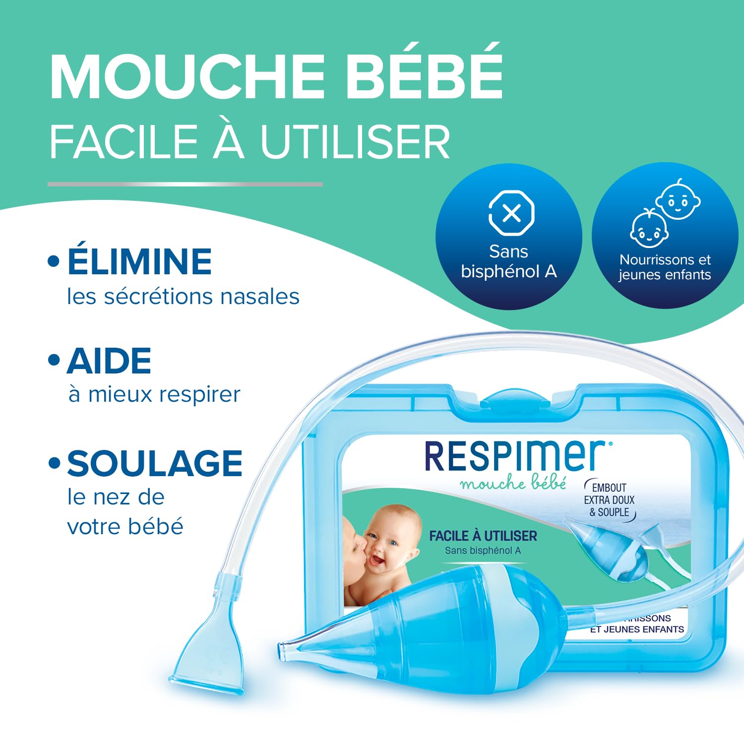 RESPIMER Mouche Bébé - Evacuer l'excès de mucus - Rhume & Rhynopharyngite - Facile à utiliser - Nourrissons et jeunes enfants - Sans Bisphénol A - 5 Filtres jetables hygiéniques - Fabriqué en France