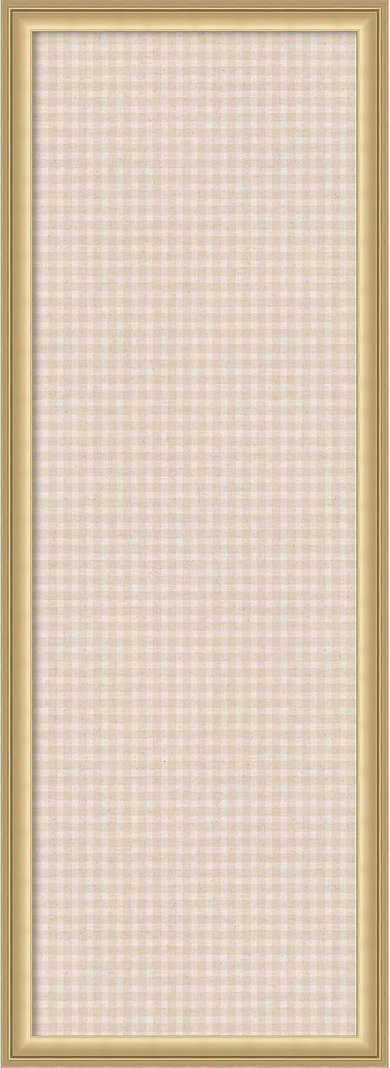Kate and Laurel Framed Fabric Magnetic Board 14 x 38, Mini Gingham Neutral Linen Printed Linen Casual Transitional Bulletin Board for Use as a Vision Board or Wall Organization, Florence Gold Frame