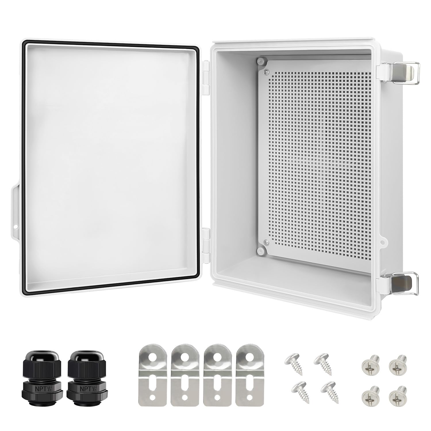 LeMotech Electrical Box, IP67 Waterproof Hinged Cover Stainless Steel Latch Junction Box, ABS Plastic Electrical Enclosure with Mounting Plate,Wall Brackets, Cable Glands, 13.8"x9.8"x5.9", Grey