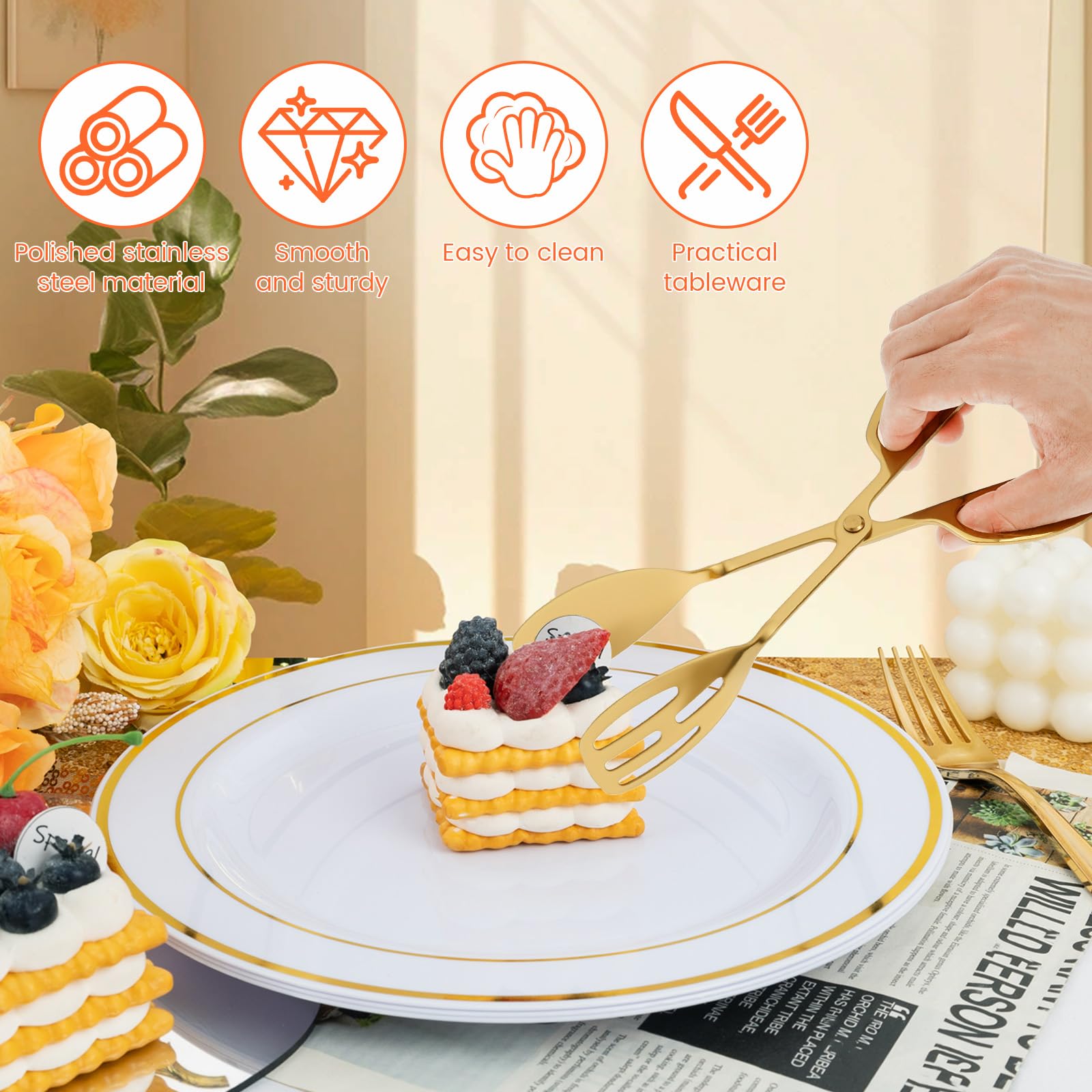 2 pinze da cucina in acciaio inox, ergonomiche in oro, 25,3 cm di lunghezza, anche come pinza per insalata, pinza da servizio, pinza per torte, pinza per pasta, pinza per salsicce, lavabile