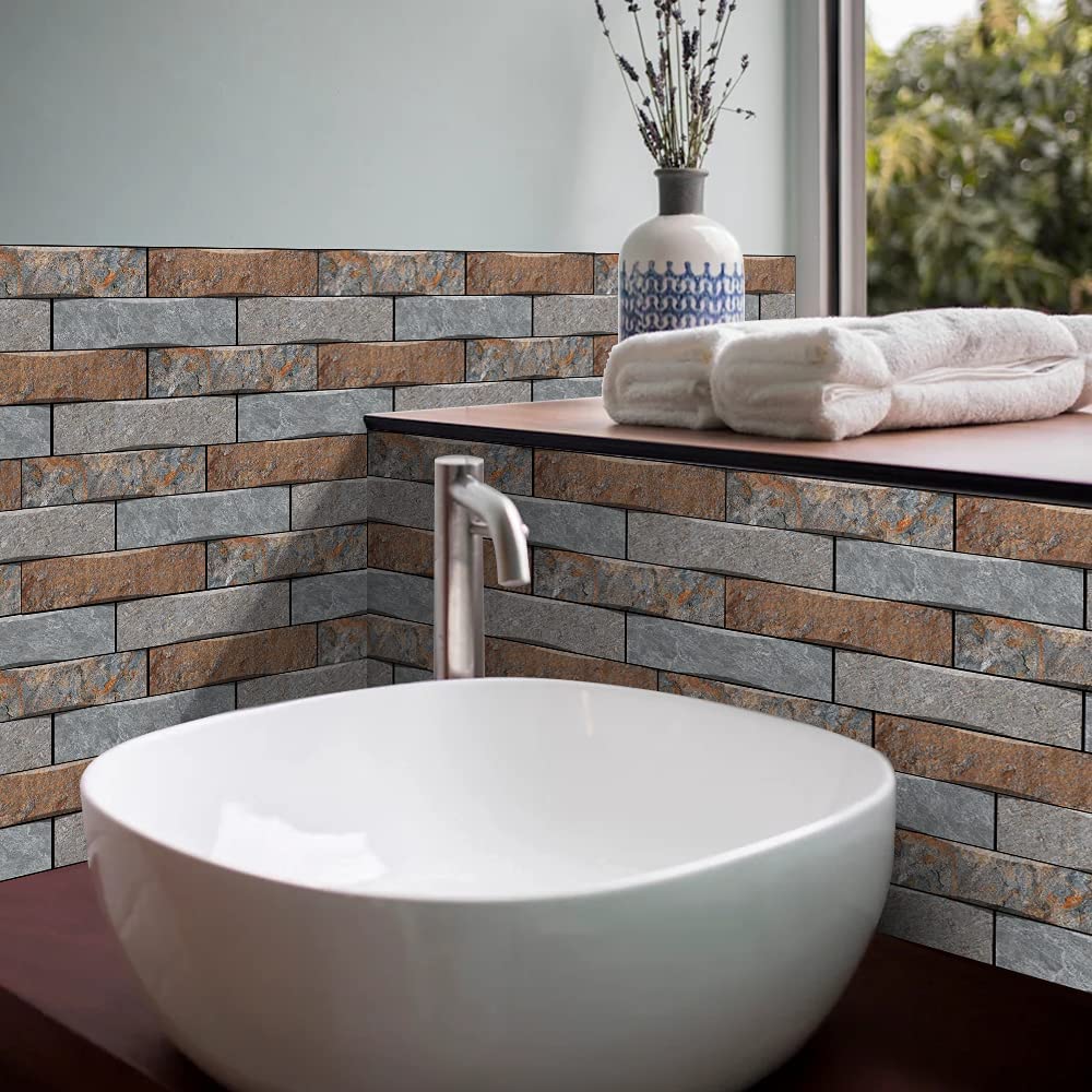 HomemeTile Stickers Self Adhesive Splashback Non-slip Waterproof 3D Wall Tiles DIY Sticker for Bathroom Kitchen Decoration （Size:15cm*30cm/18pcs）