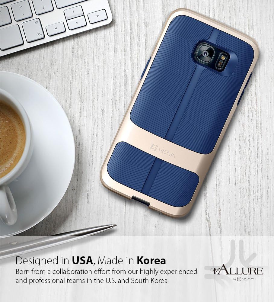 Galaxy S7 Edge Case, Vena [vAllure] Wave Texture [Bumper Frame | CornerGuard ShockProof | Strong Grip | Slim] Hybrid Cover for Samsung Galaxy S7 Edge (Gold/ Navy Blue)