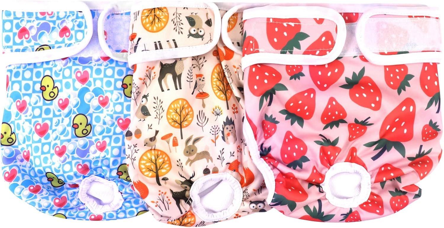 Medo 3 Packs Reusable Dog Nappies, Super Absorbent Washable Dog Diapers Puppy Sanitary Wraps Panties for Female Pet Incontinence and Long Travels 25-35 cm/9.8-13.7 (XS), pink+blue+yellow