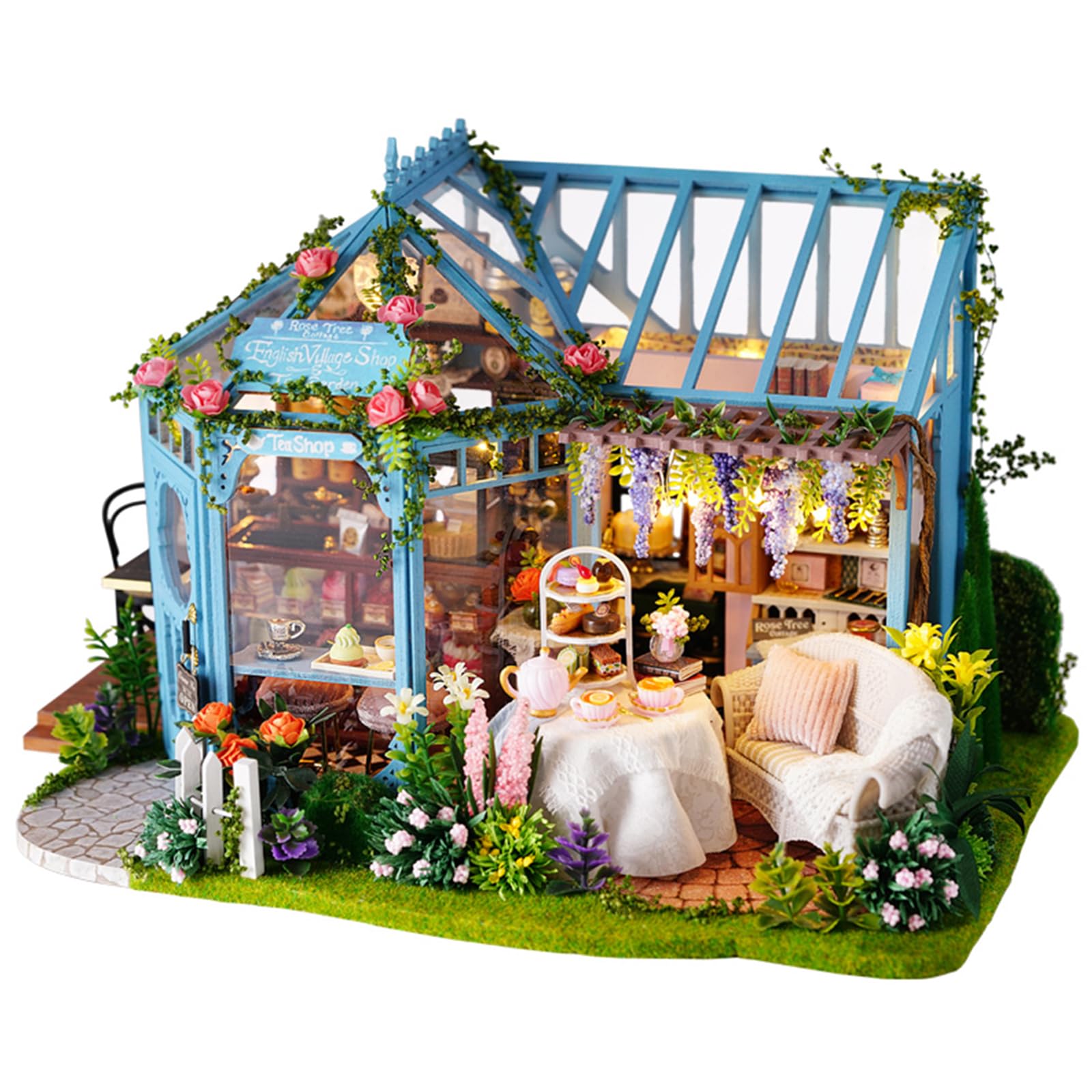 Kit de Meubles en Bois pour Mini Maison de poupée DIY Cuteroom, kit de Bricolage Fait à la Main avec lumières LED et boîte à Musique (Rose Garden Tea House) | Maison