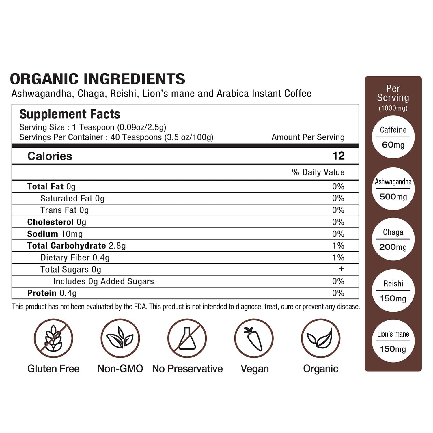 Tiger Ashwagandha Instant Mushroom Coffee - 30 Servings Arabica Blend with Reishi, Chaga & Lion's Mane | Adaptogen, Vegan, Antioxidant Support, Gluten-Free | Immune Booster, Focus & Energy - Image 2