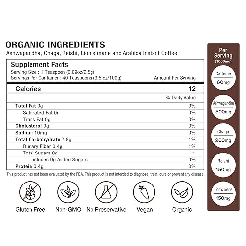 Miniatura 2 de Tiger Ashwagandha - Café instantáneo de hongos  30 porciones de mezcla de arábica con Reishi, Chaga y melena de león  Adaptógeno, vegano, soporte