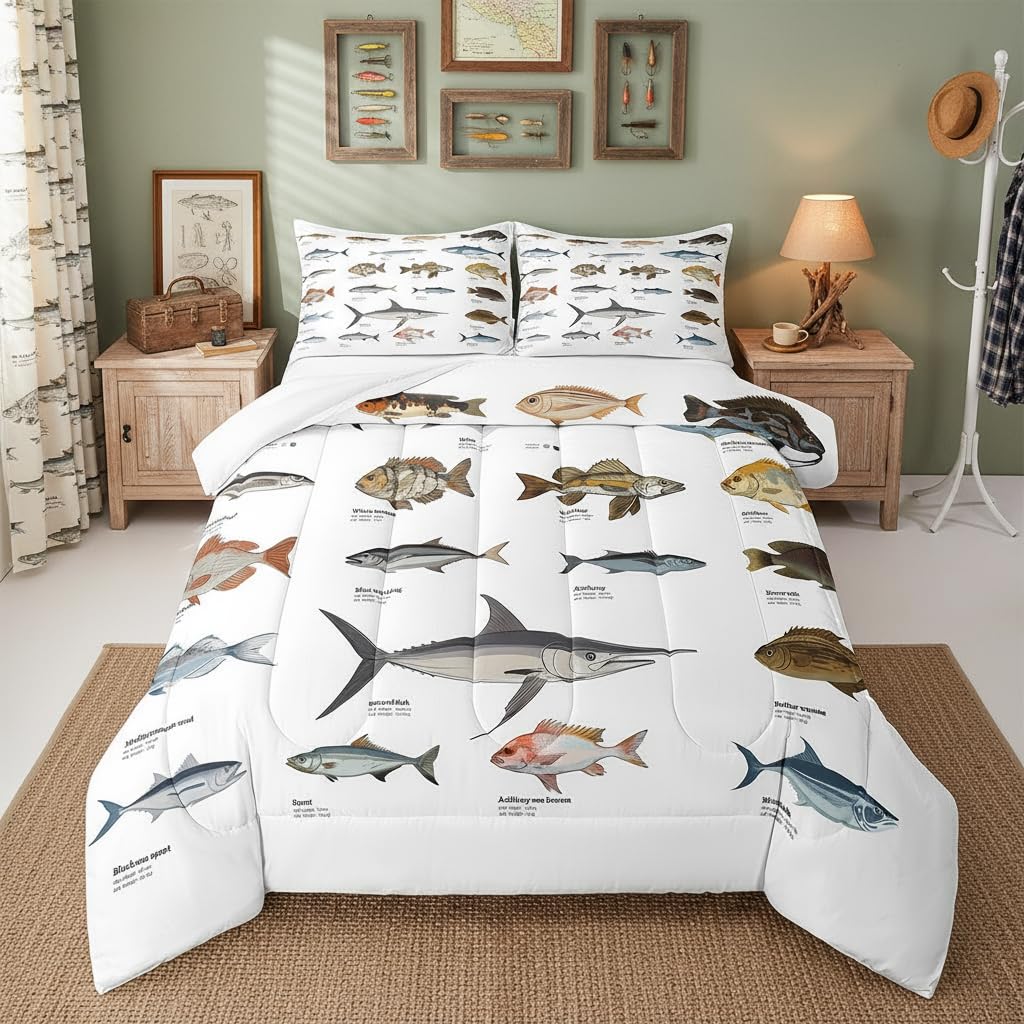 Erosebridal Bass Fish Full Comforter Set for Boys Girls Farmhouse Fishing and Hunting Theme Bedding Set, Big Pike Fish Pattern Duvet Insert Fishing