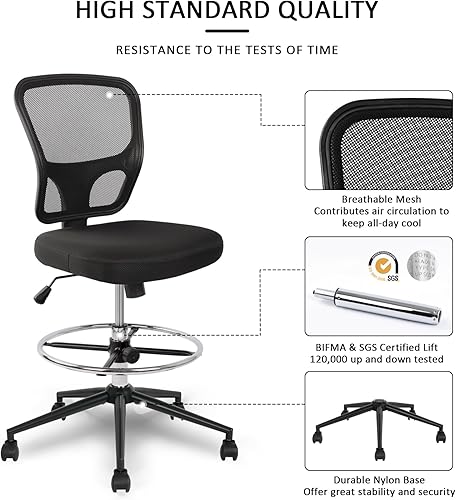 Miniatura 7 de Silla de dibujo sin brazos, silla de oficina alta, altura ajustable, respaldo alto, silla de escritorio ergonómica, taburete de dibujo, taburetes de