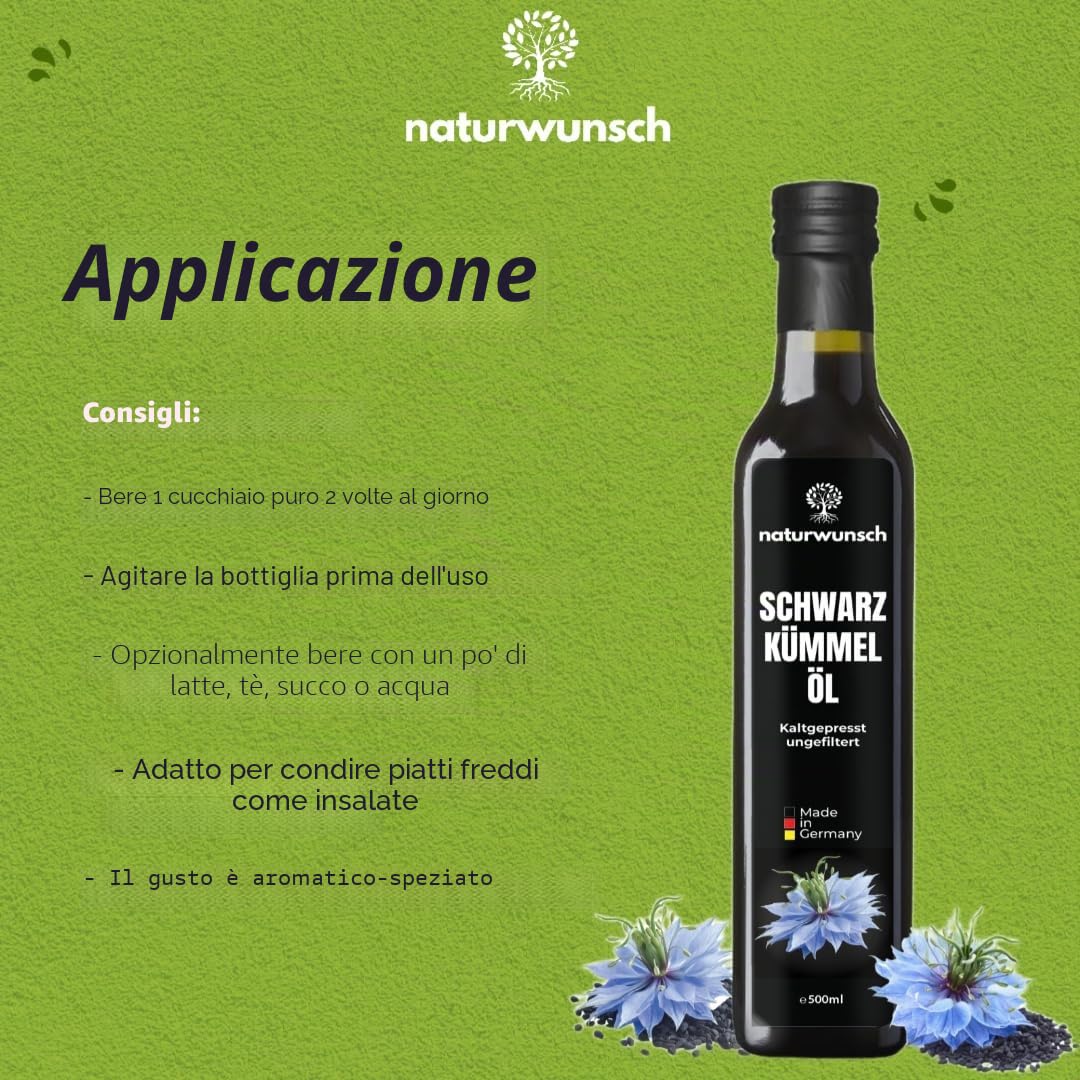 naturwunsch Olio di cumino nero, 500 ml, non filtrato, spremuto a freddo, prodotto fresco in Germania, originale Nigella Sativa