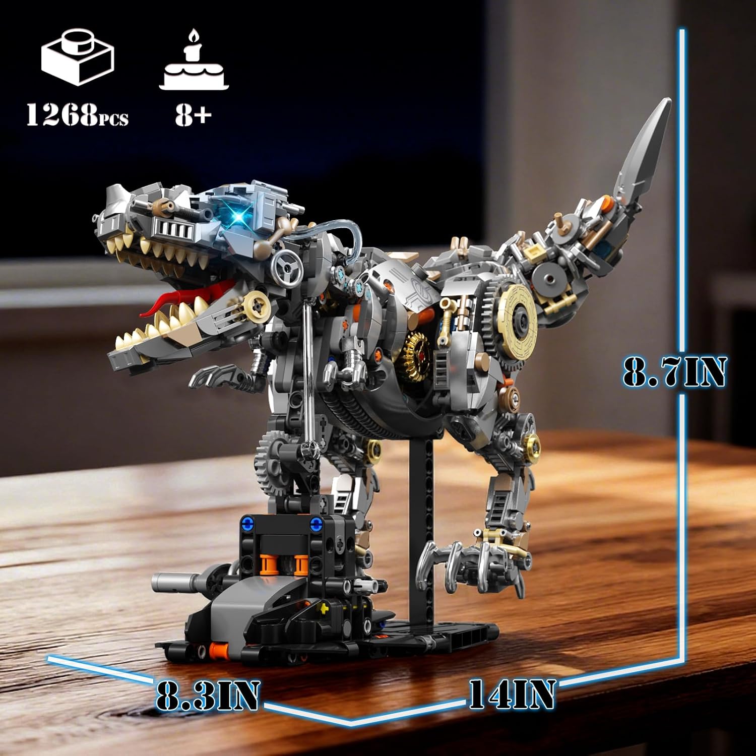 Mechanical Dinosaur Building Block Set with Light, Compatible with Lego Dinosaur, STEM Tyrannosaurus Model Collection Toys for Home Office Decor, for Boys Adults, 1268 PCS
