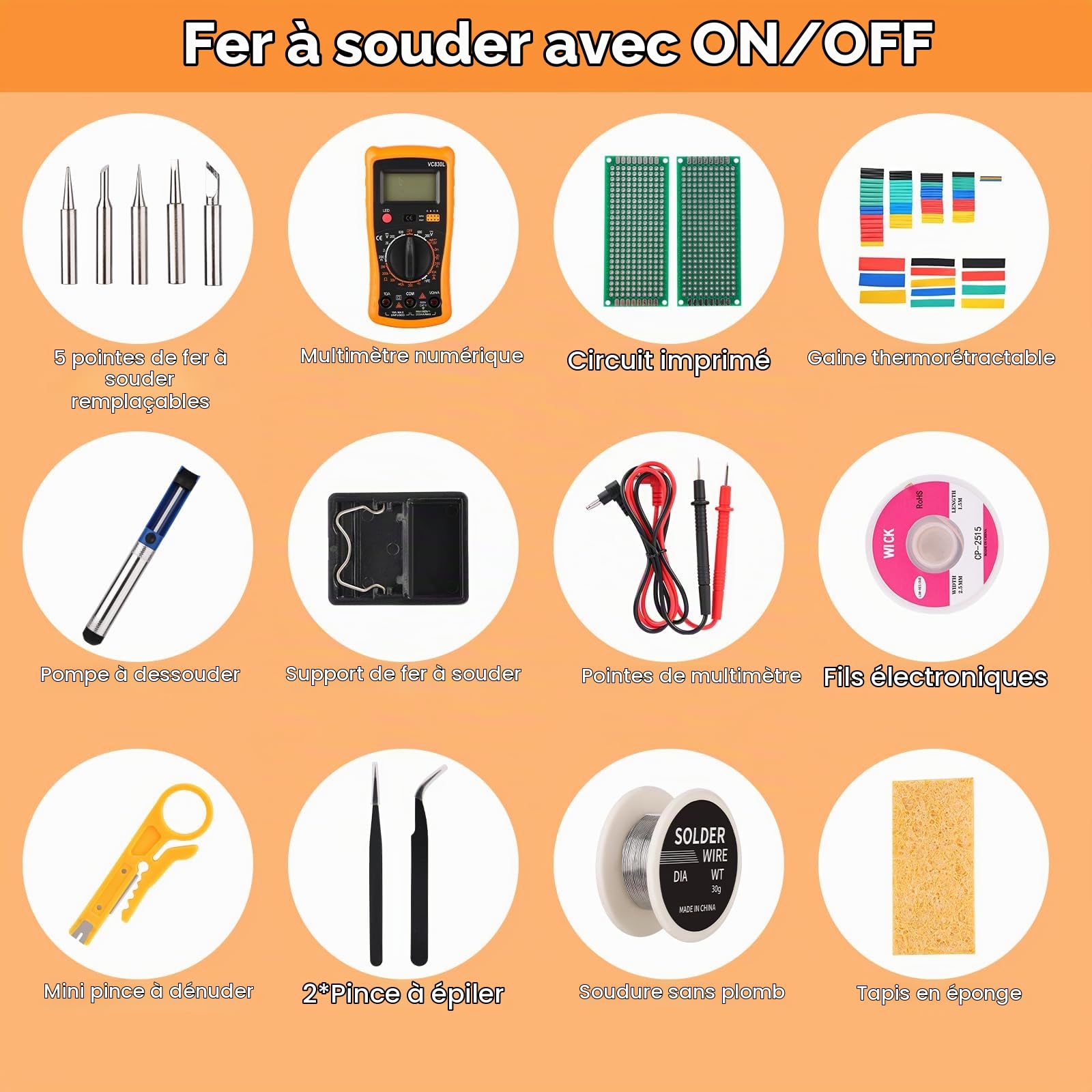 Kit de fer à souder avec multimètre numérique LCD, fer à souder 60 W avec 5 pointes de rechange, support, pompe à dessouder, étain, pince à dénuder, pincette, ruban adhésif, sac à outils