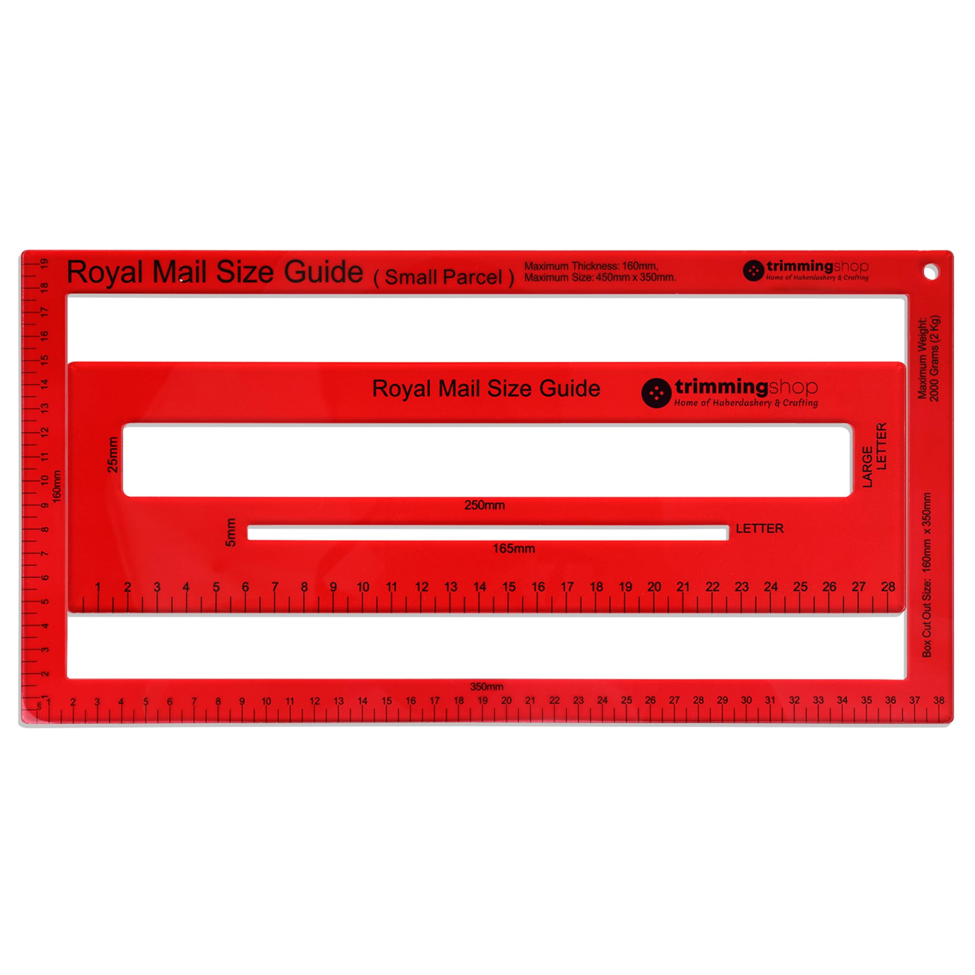 Trimming Shop Shipping Mail PiP Template Postal Large, Small Letter & Small Parcel Size Pricing in Proportion Charge Guide with Ruler for Post Office Postage, Red