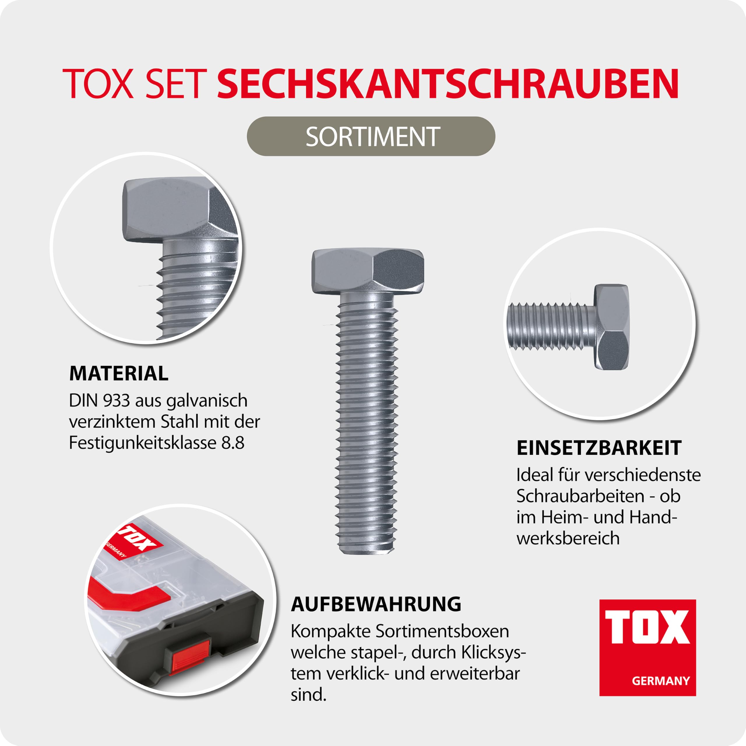 TOX L-BOXX Mini Sechskantschrauben-Sets mit M5, M6, M8 und M10, 3 verklickbare Sortierboxen mit insgesamt 18 Größen und 620 Maschinenschrauben DIN 933, großer Vorrat, 094909171