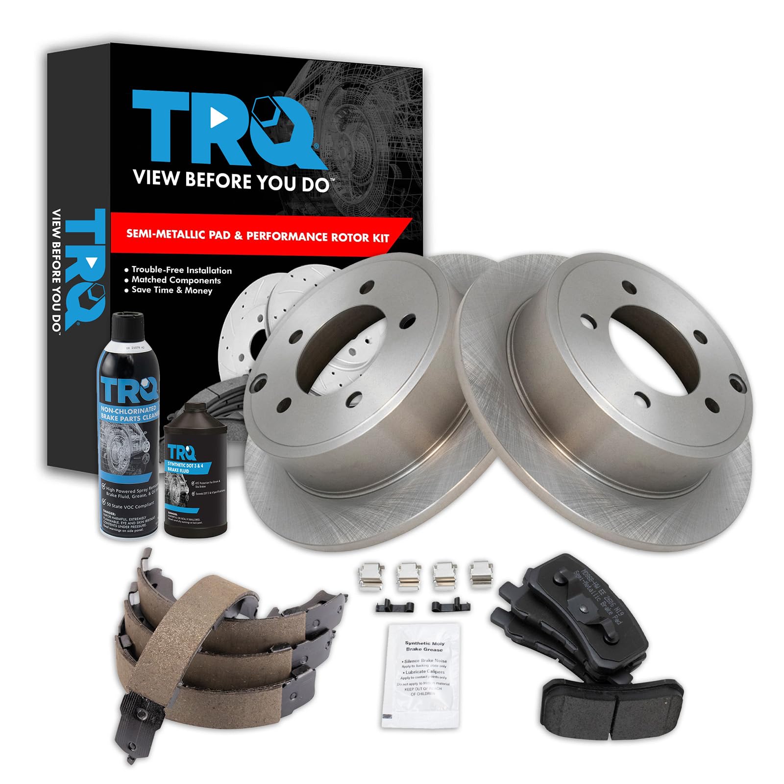TRQ Rear Brake Pad &amp; Rotor Kit, with Chemical Kit Parking Brake Shoe Set Semi-Metallic Compatible with 2017-2017 Mitsubishi Lancer