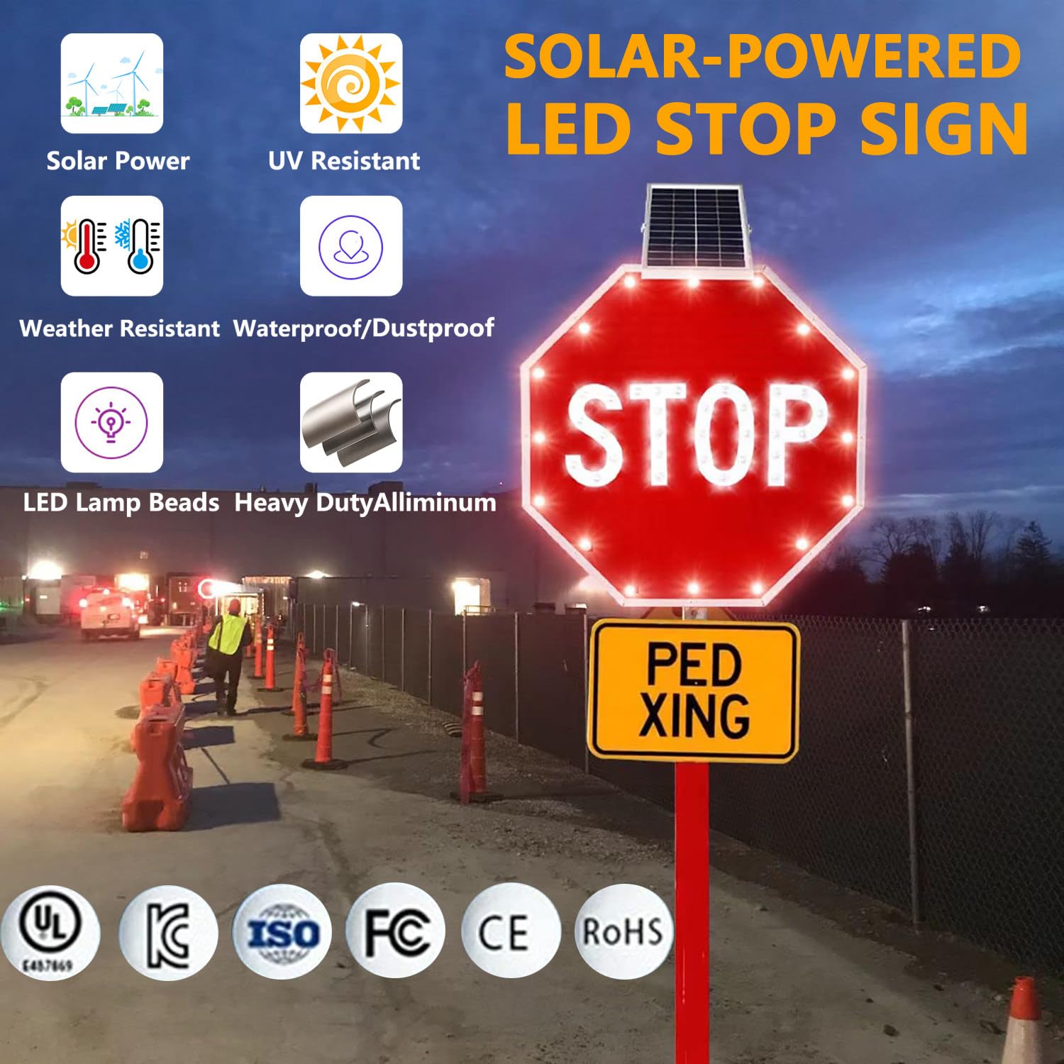 Señal de Stop LED Solar con Luces Intermitentes LED para señalización de tráfico en estacionamientos, garajes, almacenes y Obras de construcción, señal de Advertencia de