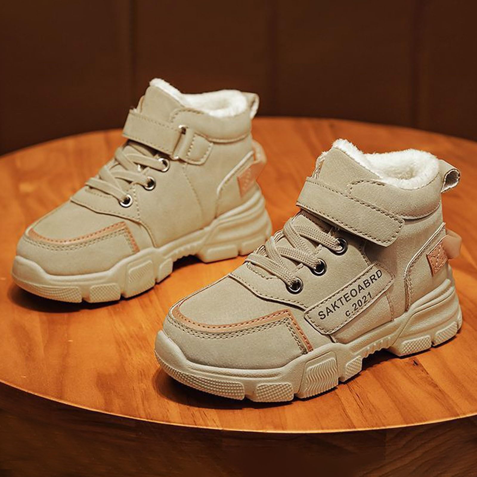 Botas niños fácil Poner Botas de Nieve de Invierno para niños, cálidas y Casuales, de Gamuza, de Color, cómodas y Antideslizantes (Beige, 36 Big Kids)