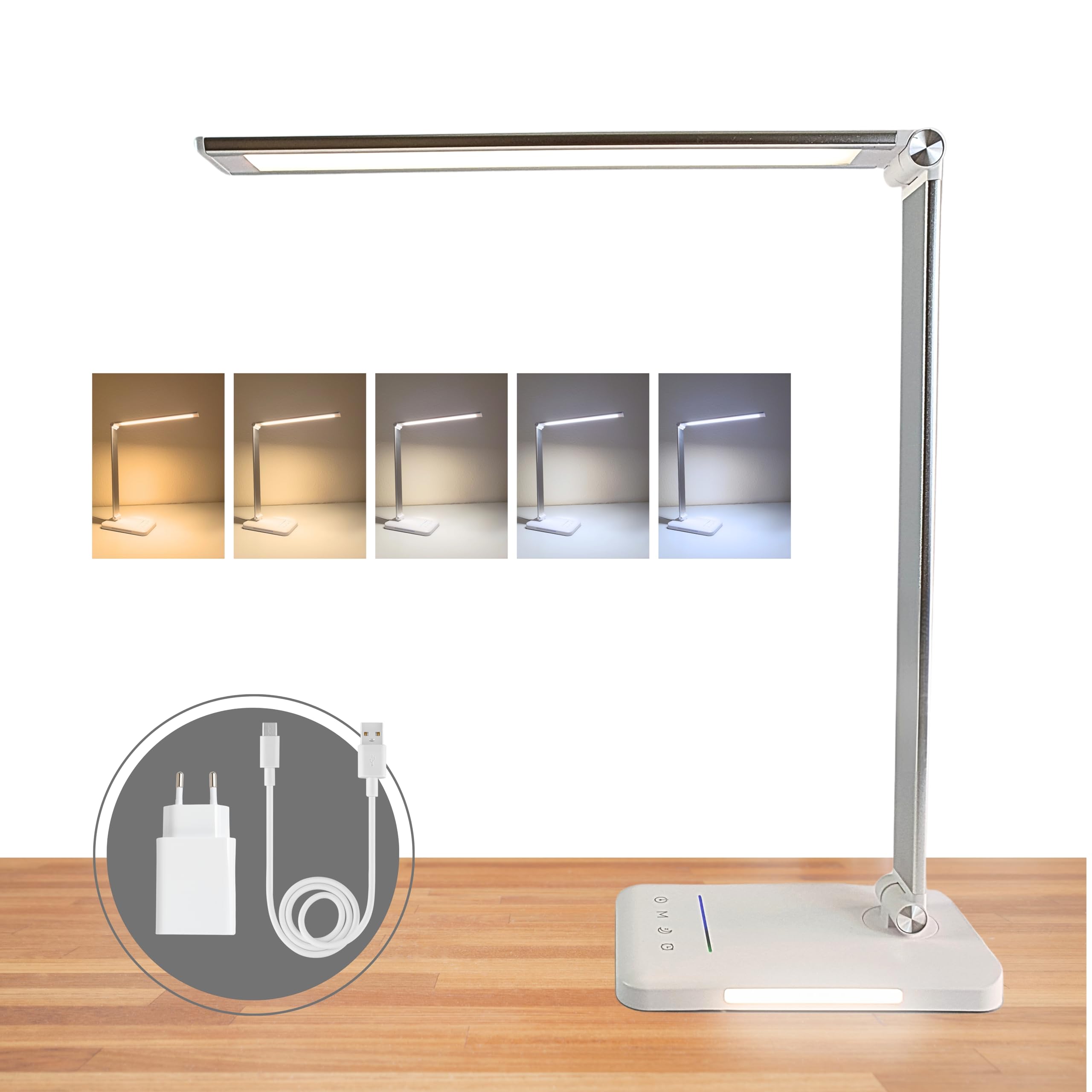 Lámpara de Escritorio LED, incluye enchufe cargador USB, Base con Luz Nocturna, Temporizador, Brazo metálico, Flexo de Escritorio, (Protección Ocular, 5 tonalidades, 5 intensidades).