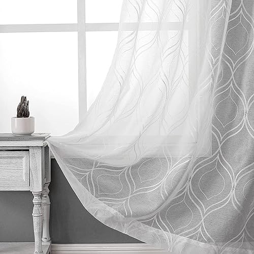 VISIONTEX Paneles de cortinas traslúcidas bordadas con enrejado marroquí, decoración francesa con bolsillo para barra, cortinas de gasa de tul para