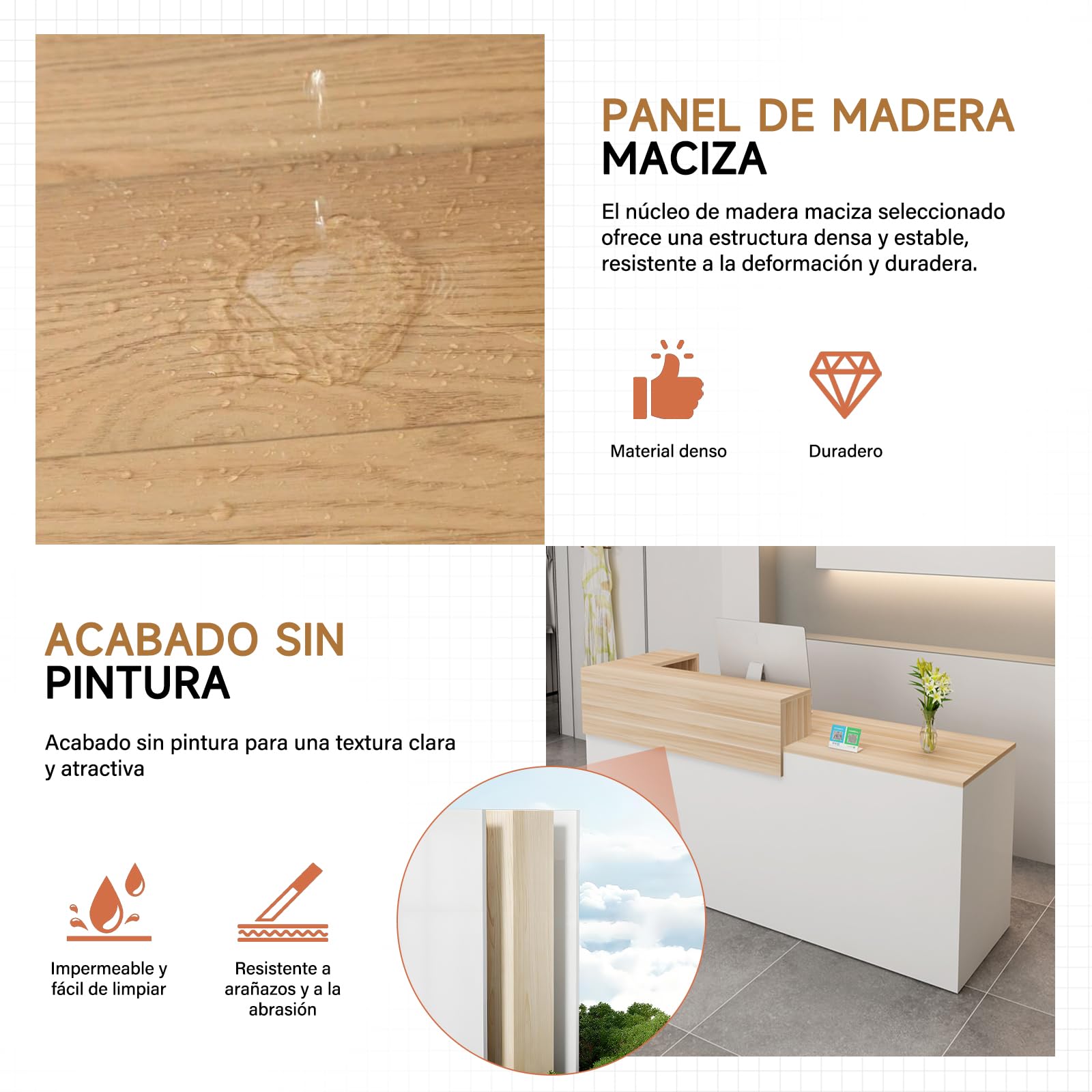 Mostrador de Recepción Moderno de MDF, 100–240 cm, con Cajón y Estantes Abiertos, Mueble de Oficina para Tiendas, Salones, Consultorios y Recepciones