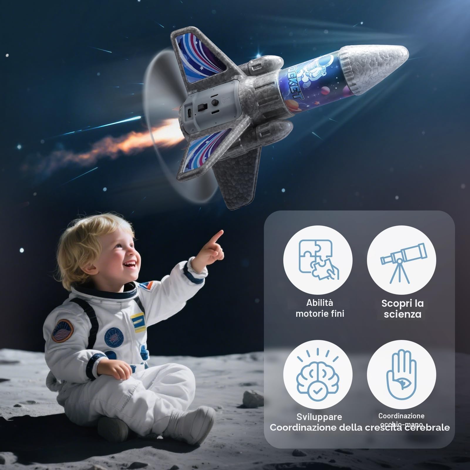 Dreamon Razzo Spaziale Giocattolo, Razzi Gioco Bambino con Paracadute Luce LED, Ricaricabile Auto-Lancio Esterno Razzo Regalo per Bambini 3 4 5 6 7 8 9 10 Anni
