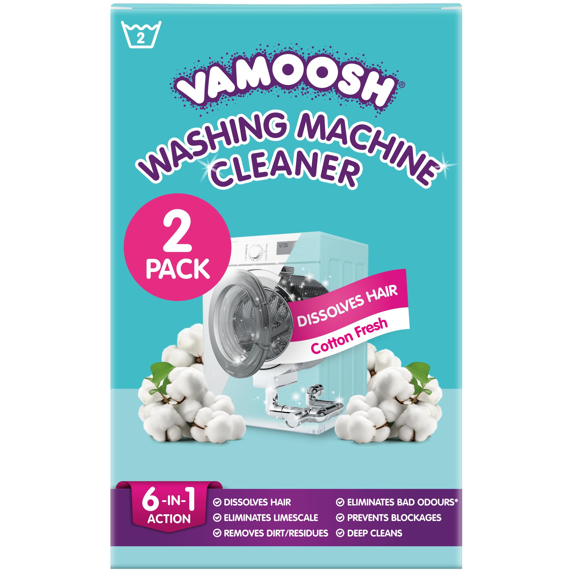 Vamoosh 6-in-1 Washing Machine Cleaner | Dissolves Pet Hair | Leaves No Residue | Removes Limescale | Eliminates Odor | Descales | Cotton Fresh Scent | For Front Load | 150g (Pack of 2)