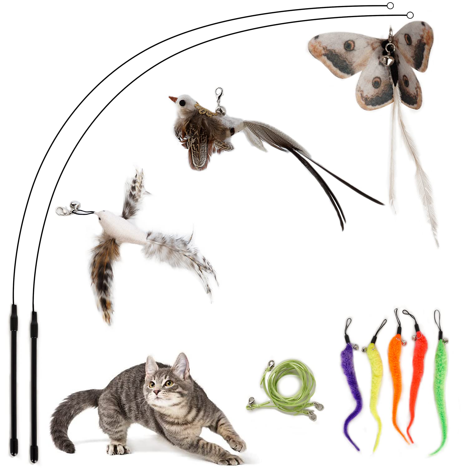 FUPUSUN Update 2023 10 PCS Cat Feather Wand Toys With Bird & Butterfly for Indoor Cats and Kittens