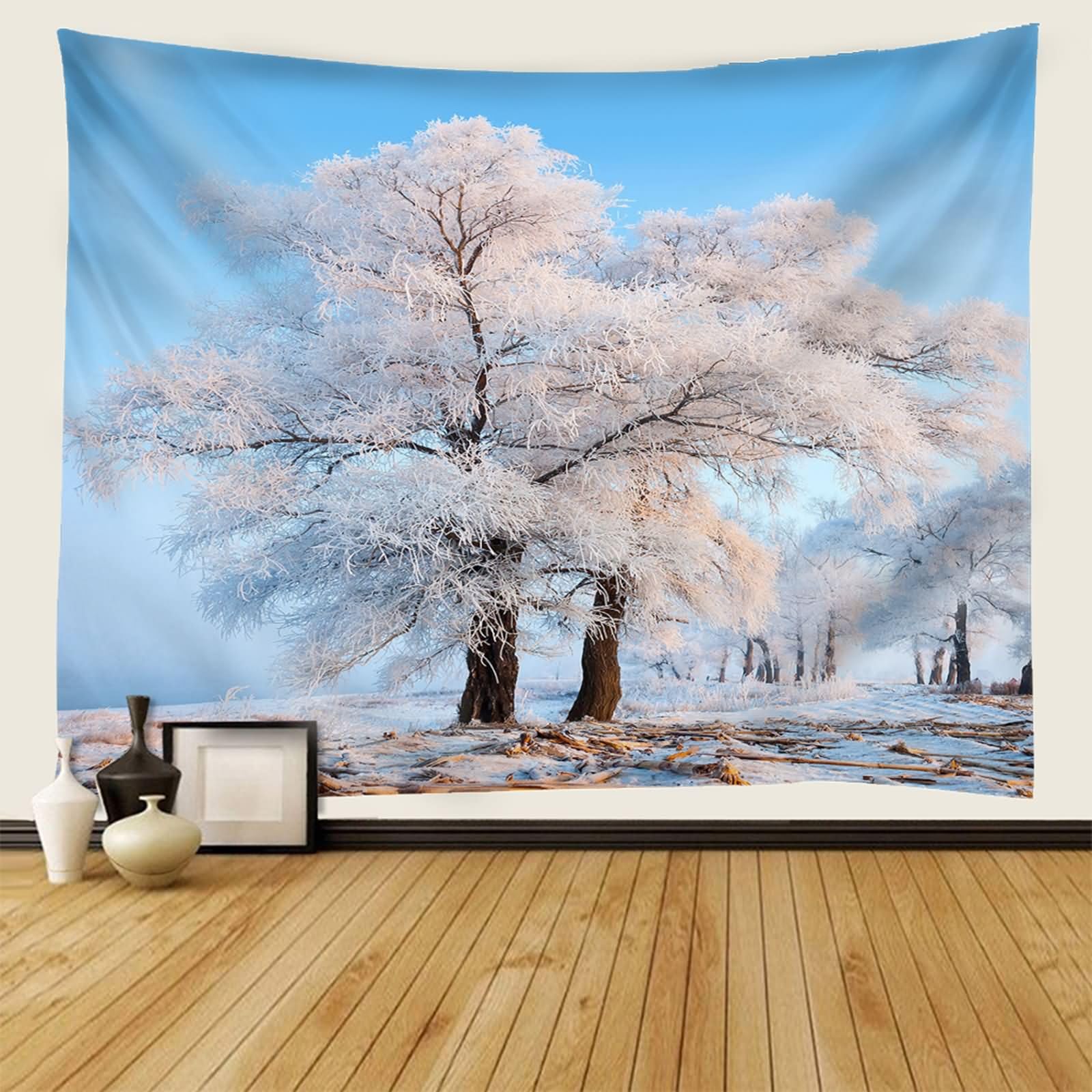 Homxi Wandteppich Landscape 260 W x 240 H CM, Schneebaumlandschaft, Polyester Wandtücher Decor, Blau Beige Braun