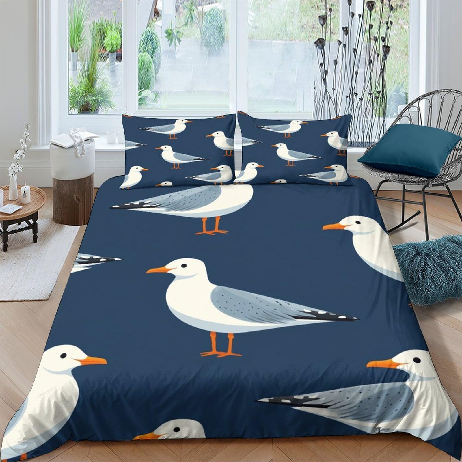 TUFRTGYHN 3D Printed Seagull Navy Duvet Cover Microfiber Soft Breathable Ocean Birds Bedding Set with 2 Pillowcases for Bedroom Decor Single（135x200cm）